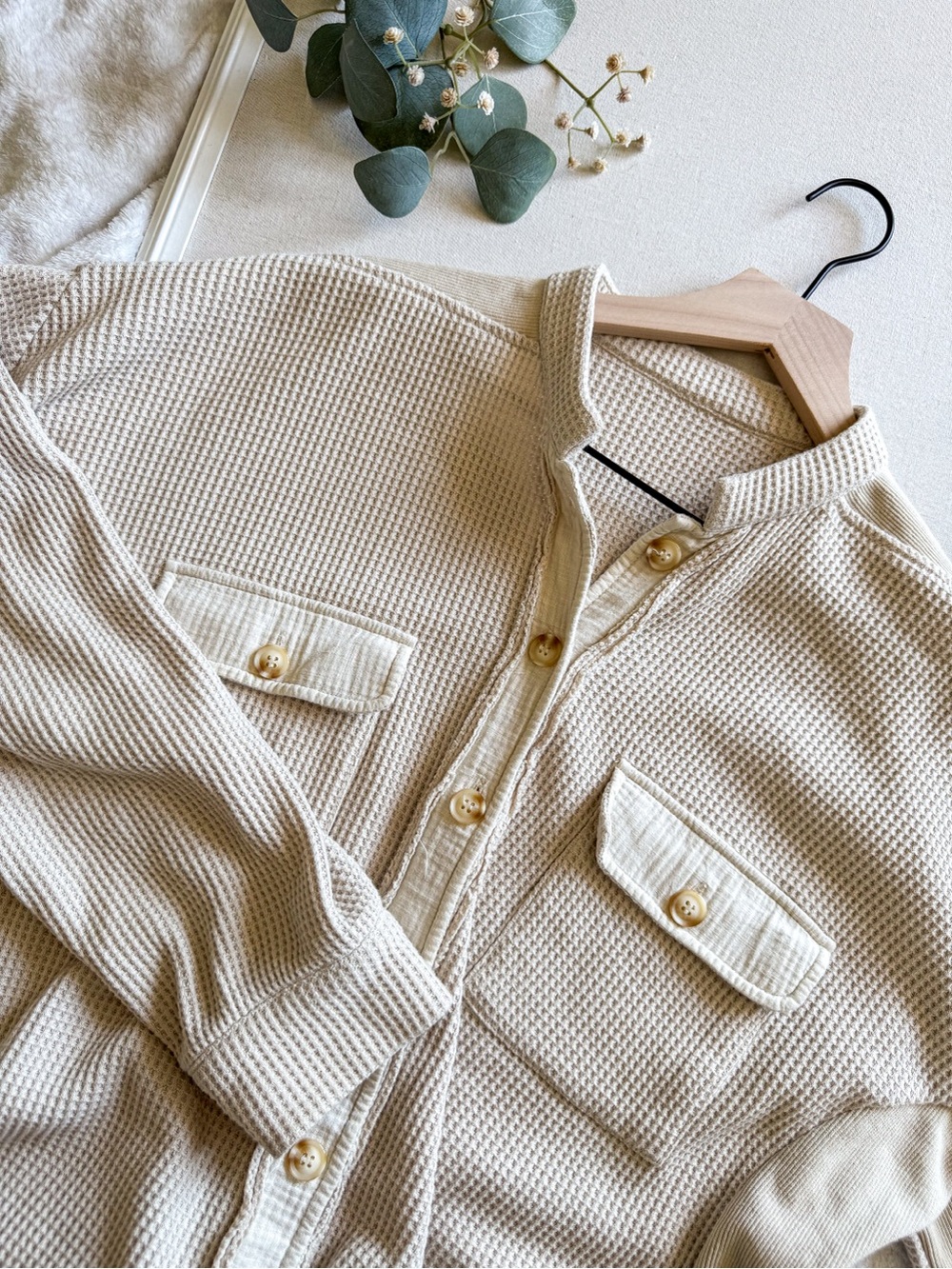 Beige Waffle Knit Button Down Shacket Utility Jacket Overshirt Large
